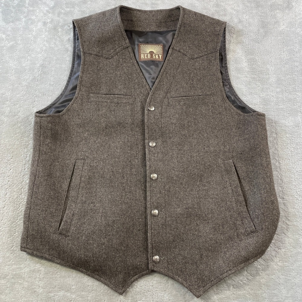 Red Sky Mens Wool Vest Mens Large Brown Herringbone Western Yoke Snap Holiday